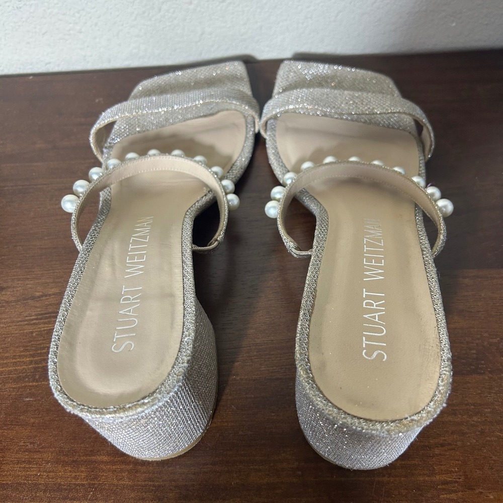 Stuart Weitzman Sandals Sz 11 Goldie 60 Pearl Glitter Block Slide Champagne Gold - Picture 8 of 11